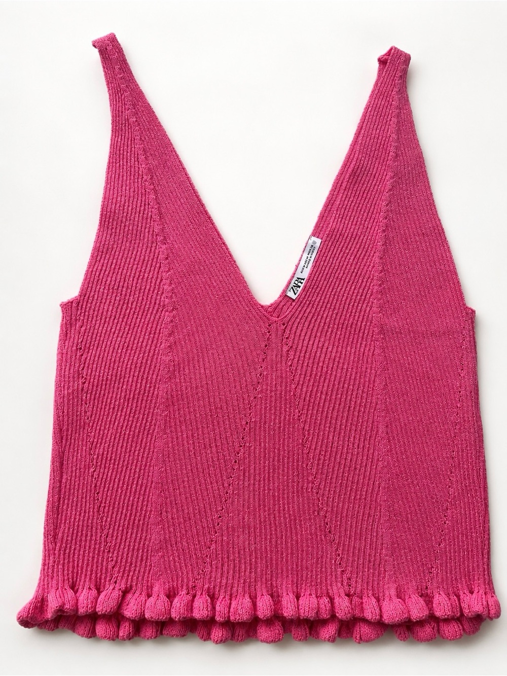 Zara Hot Pink Ribbed V‑Neck Tank with Pom Trim
